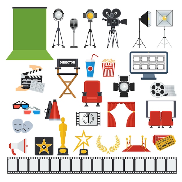 Cinema and videoprodaction flat vector icons isolated on a white background.