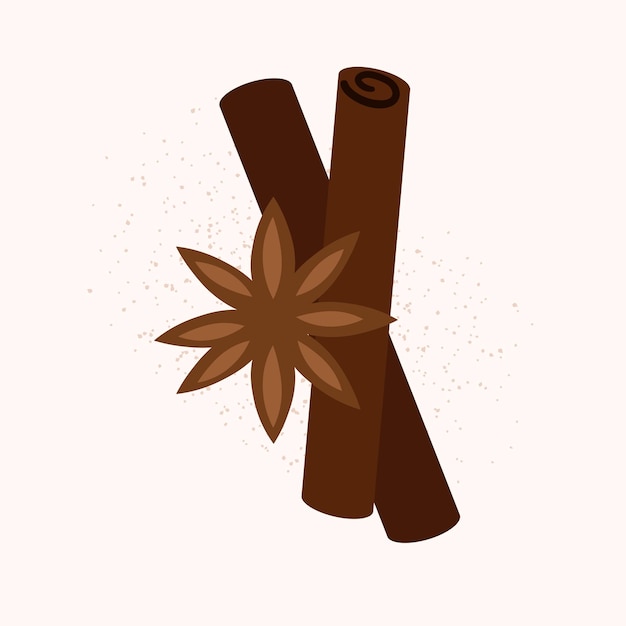 Cinnamon stick and brown anise flower isolated vector sticker. Doodle cartoon sketch on white backgr