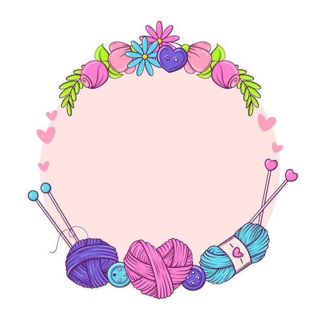 Circle banner template for hand made knitting sewing Frame with sewing and knitting attributes in doodle style