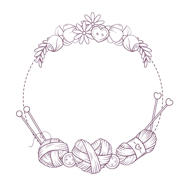 Circle banner template for hand made knitting sewing Frame with sewing and knitting attributes in sketch style