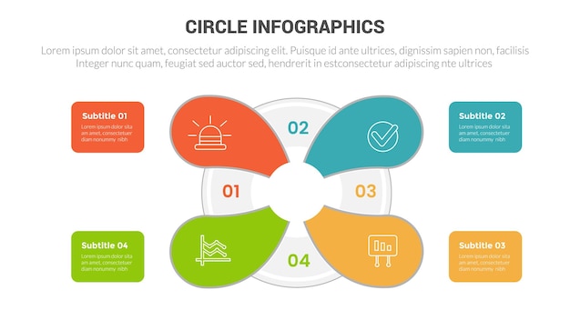 Circle base infographics template diagram banner with center circular main object and 4 point step creative design