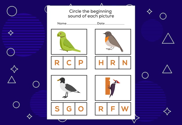 Circle the beginning sound of each bird Educational game for kids