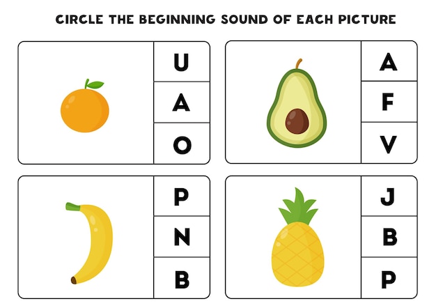 Circle the beginning sound of each picture. Educational game for kids.