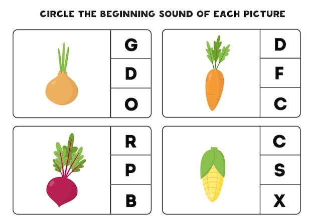 Circle the beginning sound of each picture. Educational game for kids.