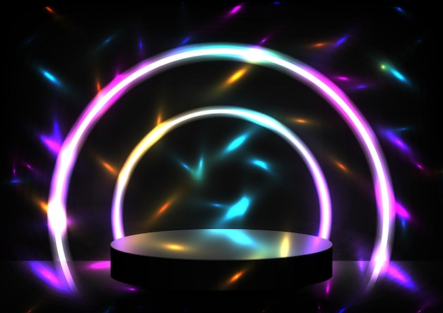 Circle black podium with neon light and light effect multicolor on dark background.