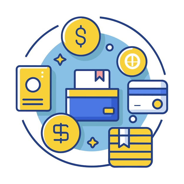 a circle of business icons with a blue background with a yellow and blue one