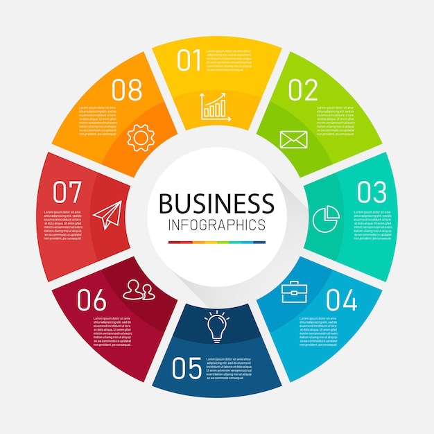 Circle business infographic template with eight options can be used for process presentations.