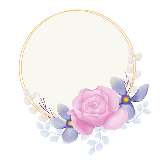 Circle by blue flower and pink rose floral frame with watercolor