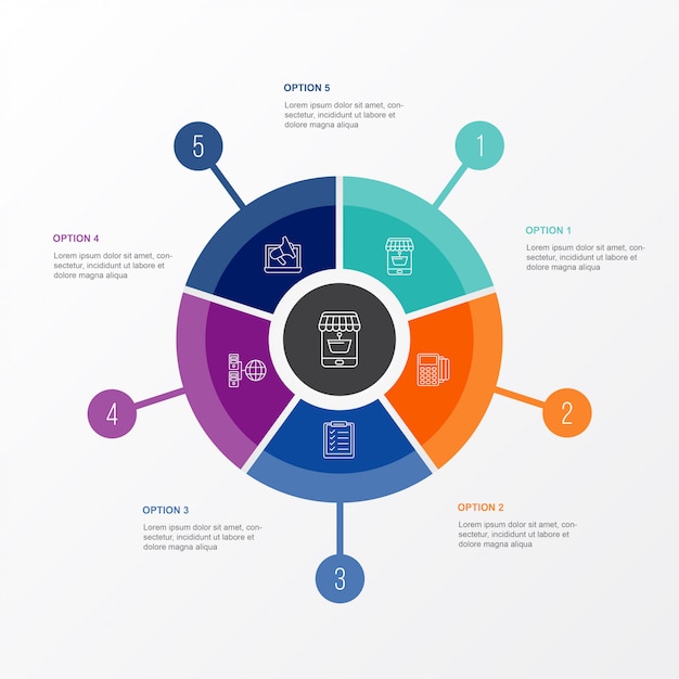 Circle chart e-commerce business infographic template with 5 options