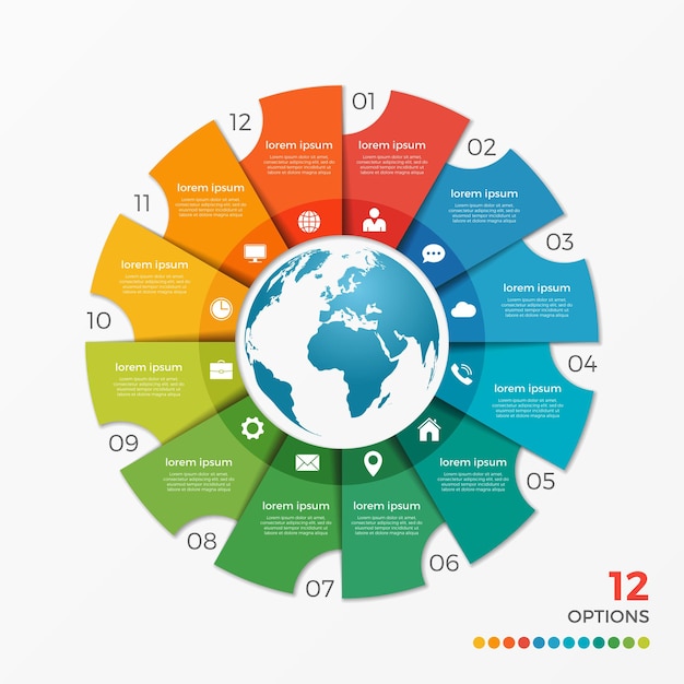 Circle chart infographic template with globe 12 options for presentations, advertising, layouts, annual reports, web design.