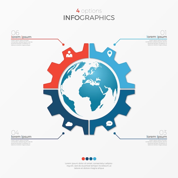 Circle chart infographic template with globe 4 options for presentations, advertising, layouts, annual reports