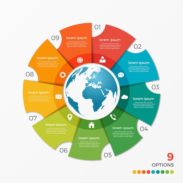 Circle chart infographic template with globe 9 options for presentations, advertising, layouts, annual reports, web design.