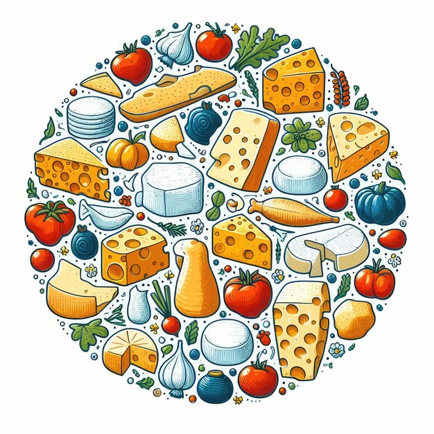 a circle of cheeses and other items with a circle of cheeses