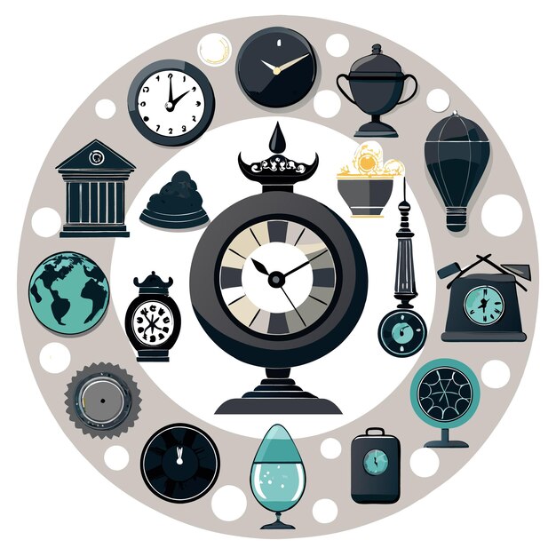 Vector a circle of clocks watches and other timerelated objects