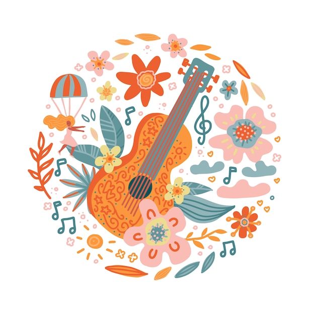 Circle composition of flowers entwined guitar