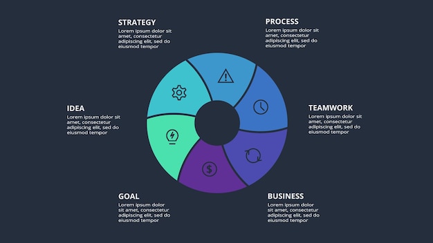 Circle dark infographic with 6 elements template for web on a black background business presentation Vector