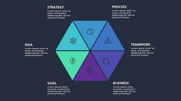 Circle dark infographic with 6 elements template for web on a black background business presentation Vector