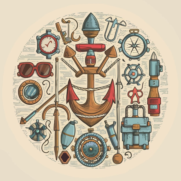 a circle of different items including a ship a ship and a ship