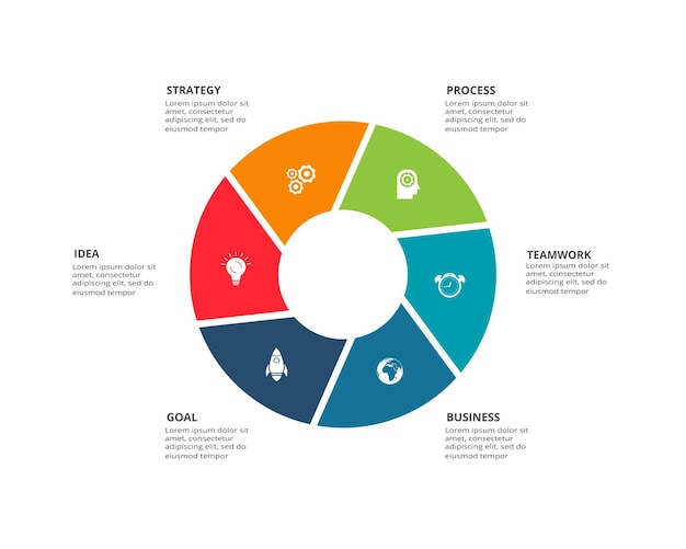 Circle elements of graph diagram with 6 steps options parts or processes Template for infographic presentation