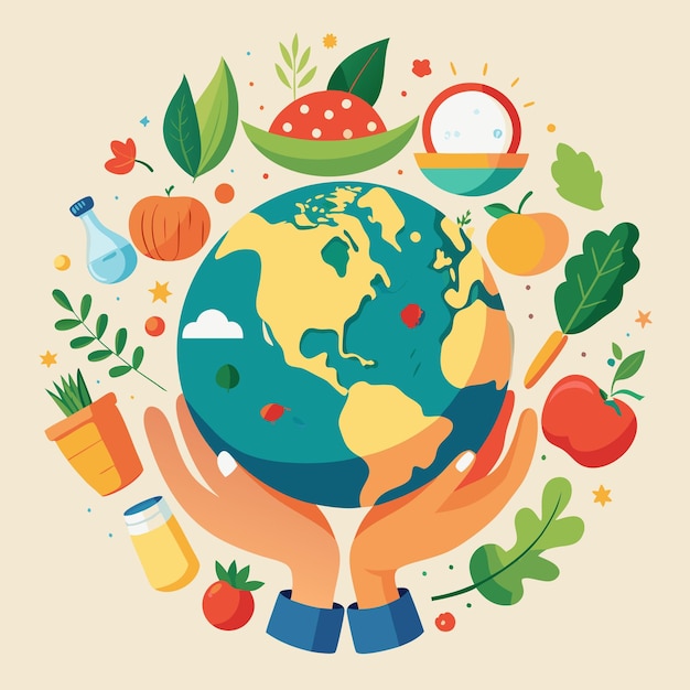 Vector a circle of food and a hand holding a globe with fruits and vegetables