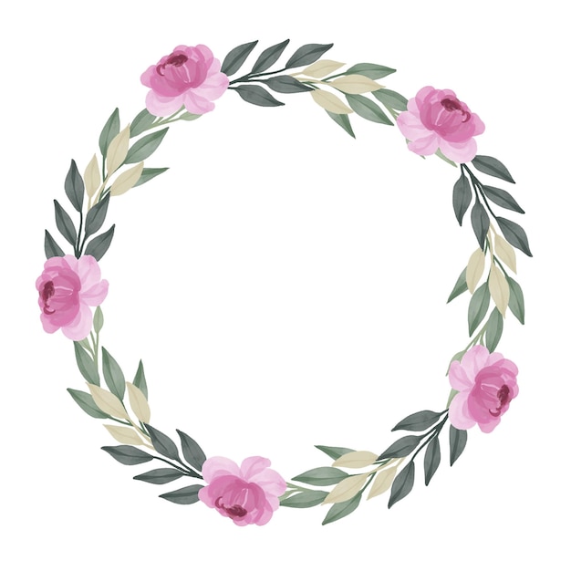 circle frame of leaf and pink flowers circle wreath