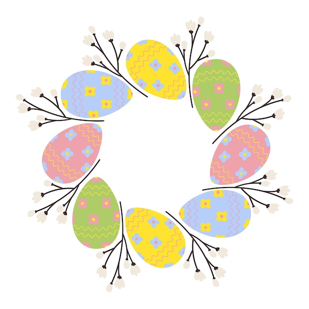 Circle frame of patterned easter eggs and blooming twigs copyspace easter greetings design concept