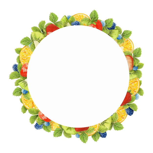 Circle frame of strawberries slice of orange blueberries blackberries kiwi Watercolor illustration