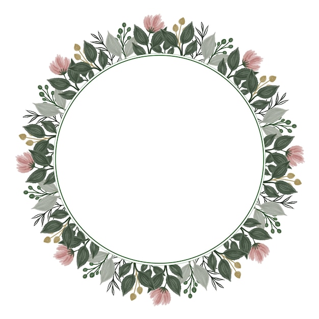 circle frame with pink flower and leaves border leaf wreath