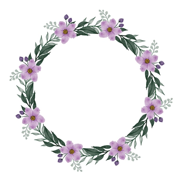 circle frame with purple flower blossom and leaf border for greeting and wedding card
