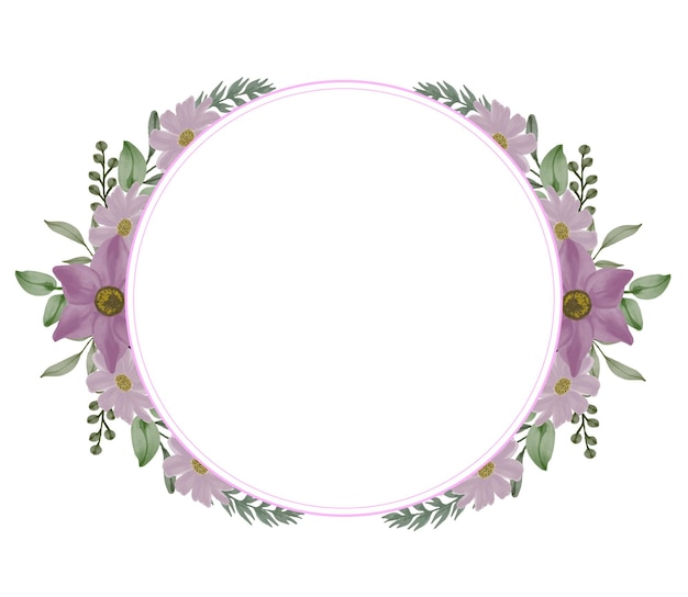 circle frame with purple watercolor bouquet for wedding card