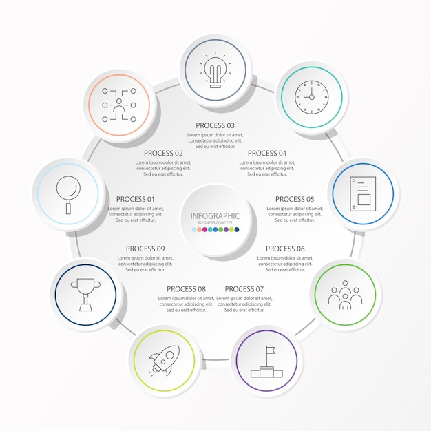 Circle infographic design with thin line icons and 9 options or steps for infographics, flow charts, presentations, web sites, banners, printed materials. Infographics business concept.