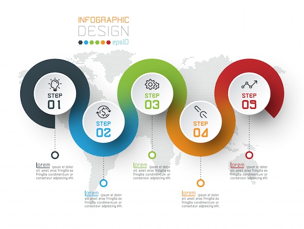 Circle label infographic with step by steps.