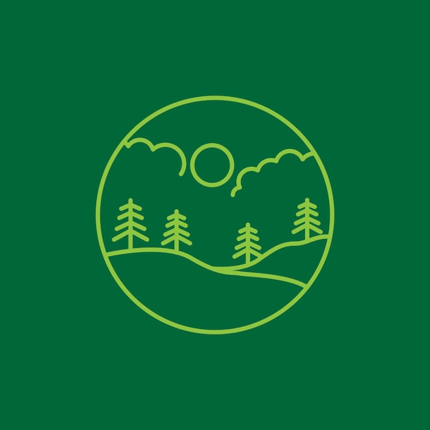 Circle line with panoramic hill and trees logo design vector graphic symbol icon illustration