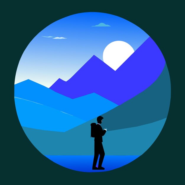 Vector in a circle a man stands against the background of mountains and a small town a young man from