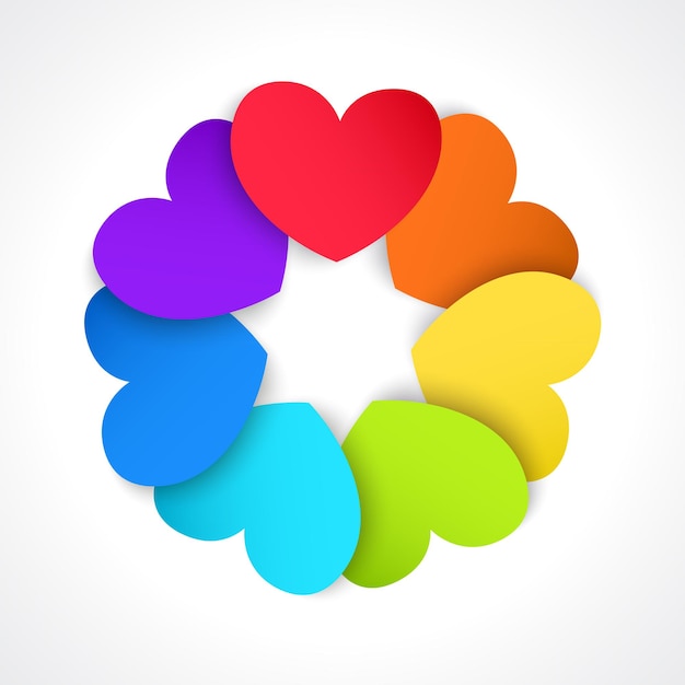 Circle of paper hearts, painted in all the colors of the rainbow