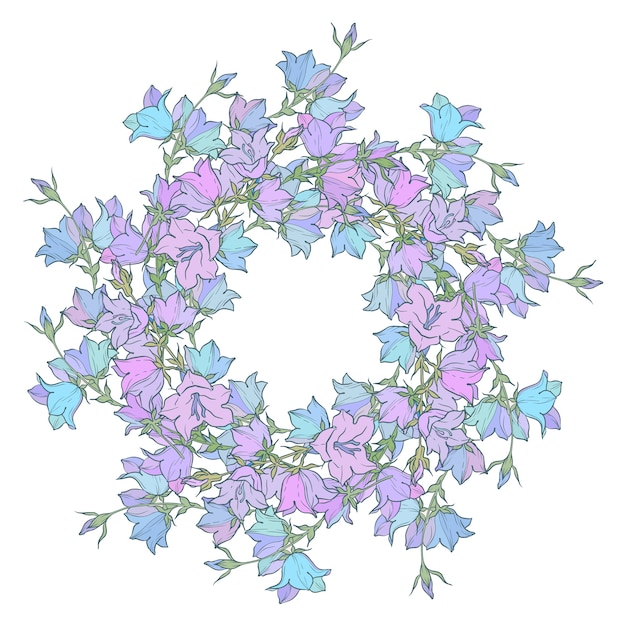 Circle pattern with bellflowers. Round kaleidoscope of flowers and floral elements.