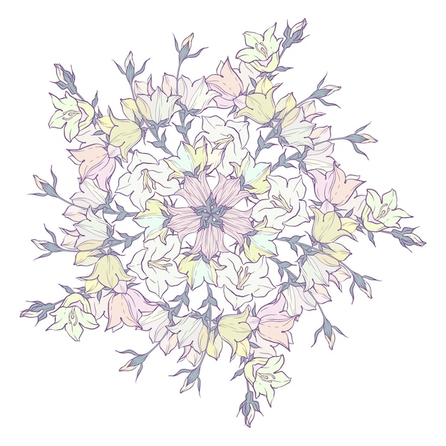 Circle pattern with bellflowers. Round kaleidoscope of flowers and floral elements.