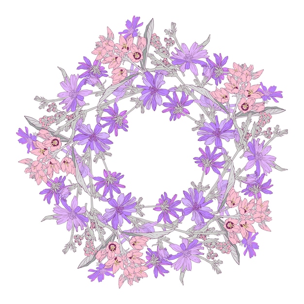 Circle pattern with chicory. Round kaleidoscope of flowers and floral elements