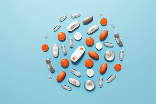 a circle of pills and capsules with one that says  pill