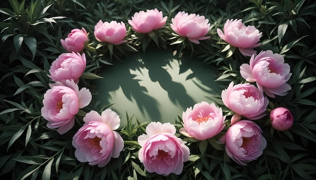 Vector a circle of pink peonies surrounds a green background creating a natural and elegant frame