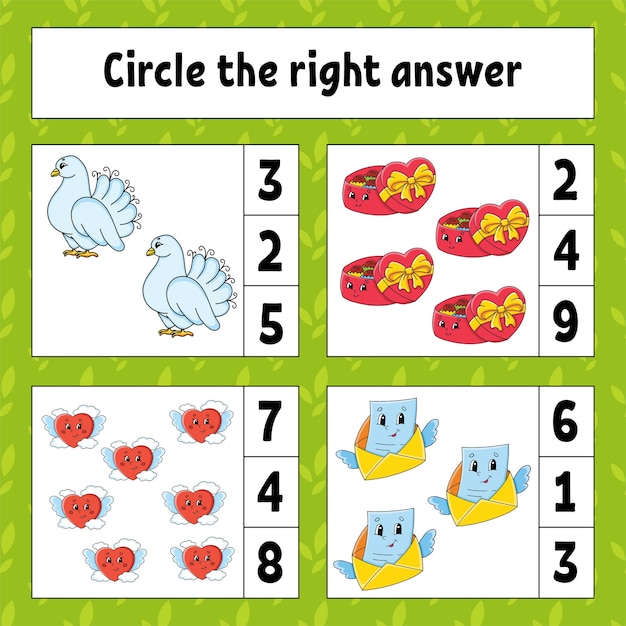 Circle the right answer. Education developing worksheet. Activity page with pictures. Valentine's Day. Game for children.