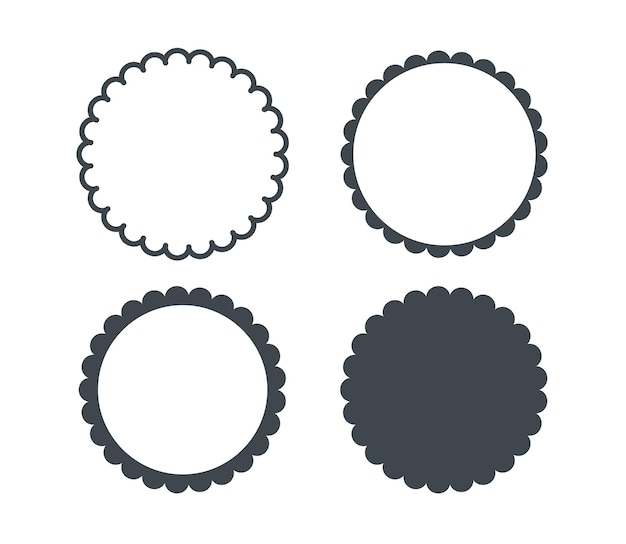 Circle scalloped frame Scalloped edge round shape Simple label and sticker form Flower silhouette lace frame Repeat cute vintage frill ornament Vector illustration isolated on white background