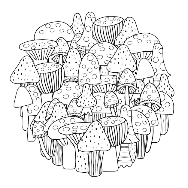 Circle shape coloring page with mushrooms