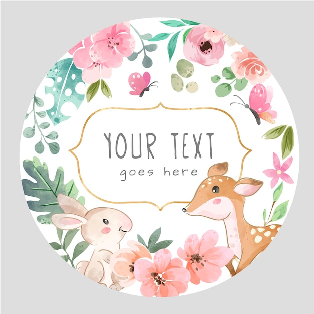 Circle Sign with Cute Wild Animal and Colorful Flowers Illustration