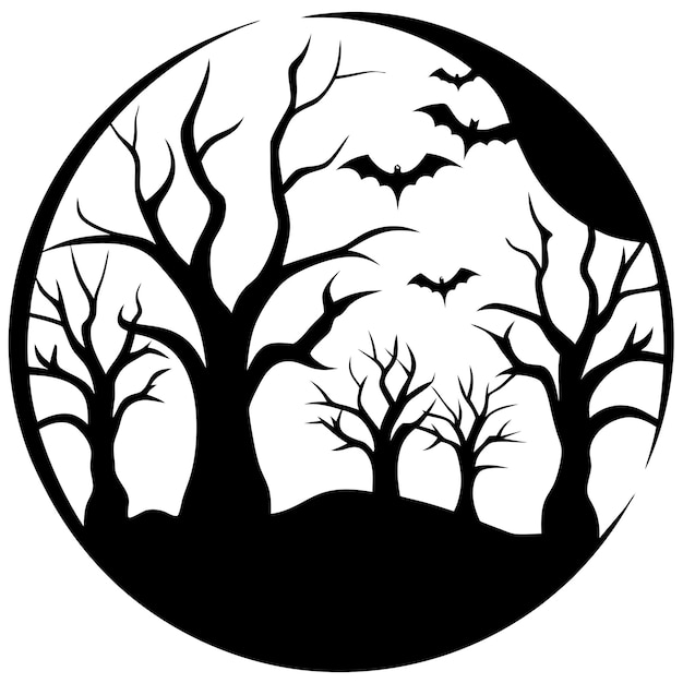 a circle of trees with bats on it and a moon in the background