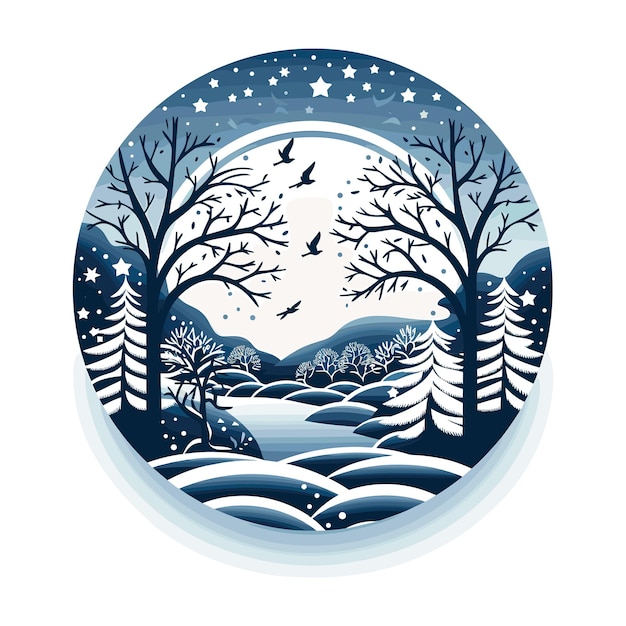 a circle of trees with a moon and snow on it