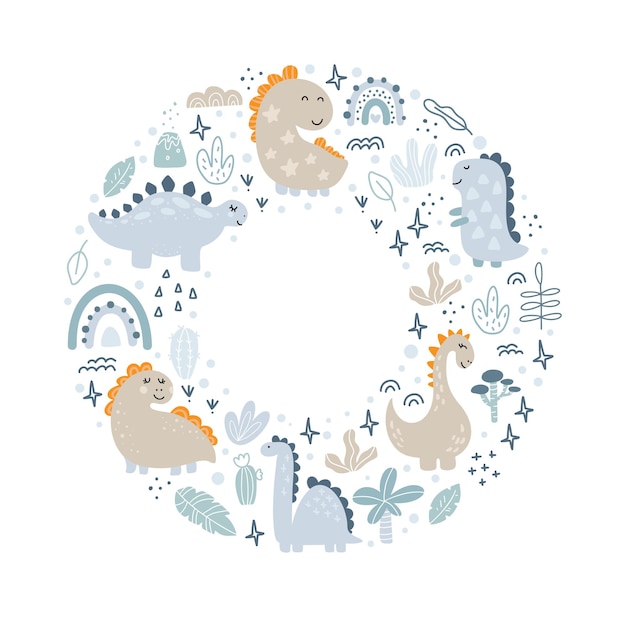 Circle Vector frame with dinosaurs and hand lettering dino with place for your text on white background. Greeting card.