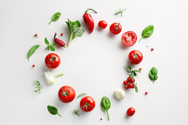 a circle of veggies with pepper and tomatoes with different colors arranged in the style of animate