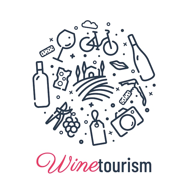 Circle with icons of wine and wine tourism