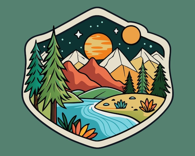 a circle with a mountain and a river with a mountain and trees